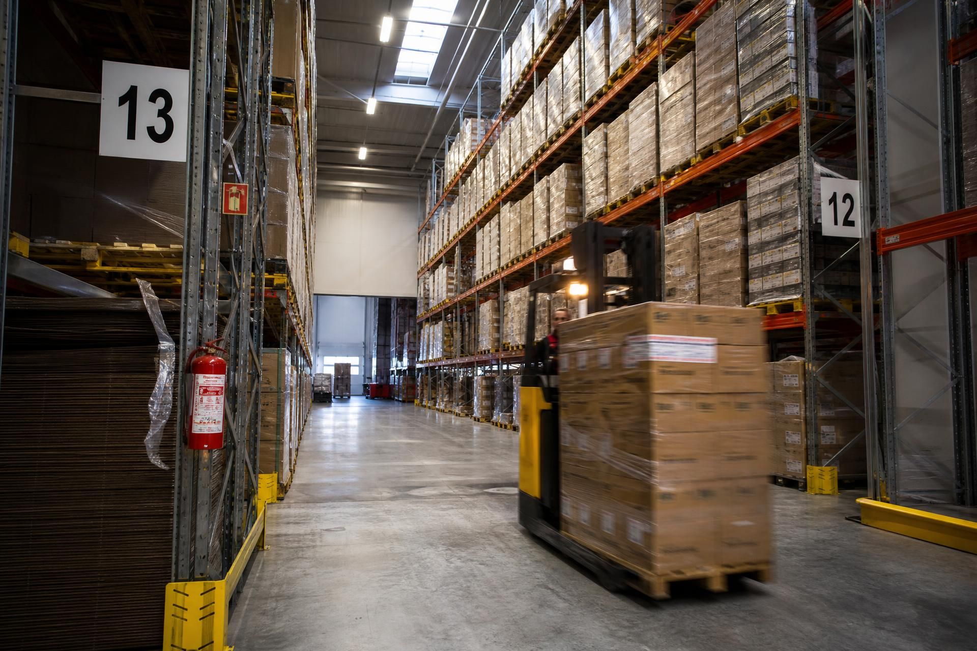 Moderne lager med pallereoler og gaffeltruck